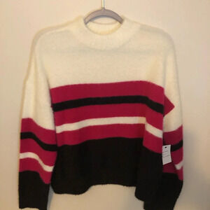 Nikka K Black White Pink Fuzzy Stripe Mock Neck Pullover Sweater Women's XL NWT